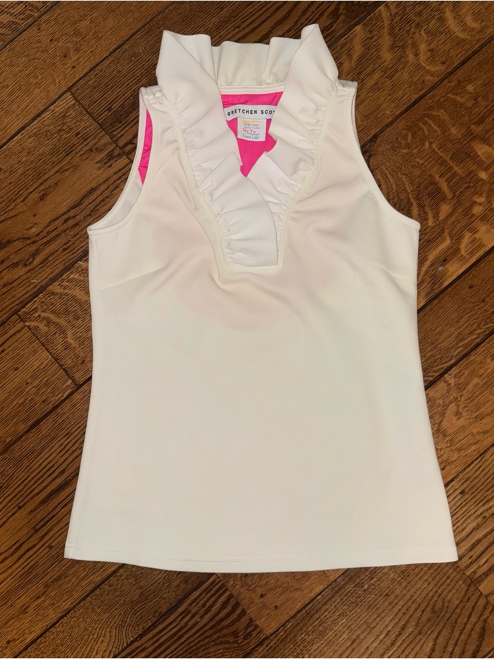 Gretchen Scott Ruffle V-Neck Sleeveless Top in White with Pink Trim XS